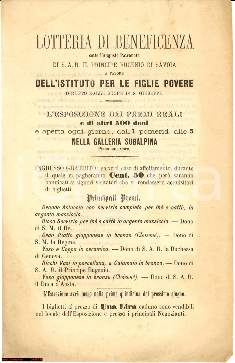 Oggetto da collezione cartaceo 1890 Lotteria beneficenza Istituto Figlie Povere 1