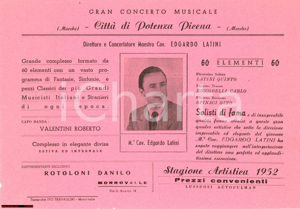 Oggetto da collezione cartaceo 1952 POTENZA PICENA Concerto di Edgardo Latini Volantino 1