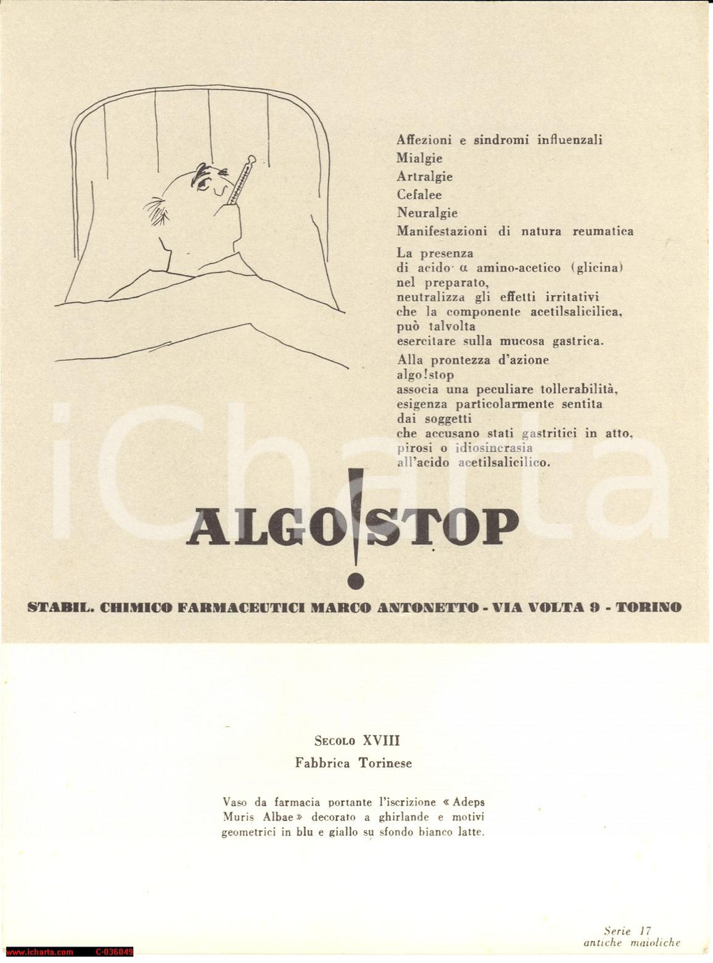 Materiale pubblicitario d’epoca 1950 TORINO pubblicitÃ  Algostop - Antonetto 1