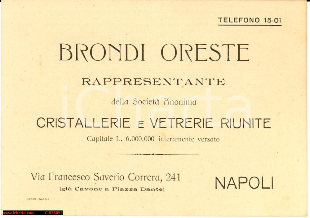 Oggetto da collezione cartaceo 1920 ca NAPOLI Cristallerie e Vetrerie Oreste BRONDI 1