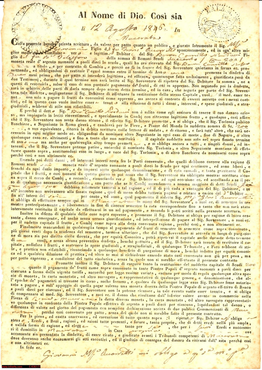 Documento originale, autentico 1846 Macerata. Lettera di cambio al Nome di Dio 1