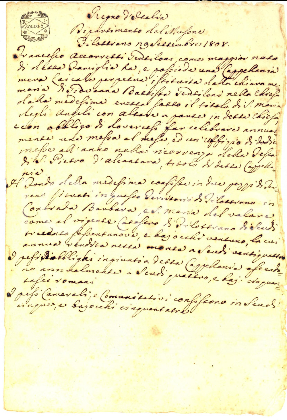 Documento originale, autentico 1808 DIPARTIMENTO MUSONE FILOTTRANO Memoria cappellania Francesco ACCORRETTI 1 1