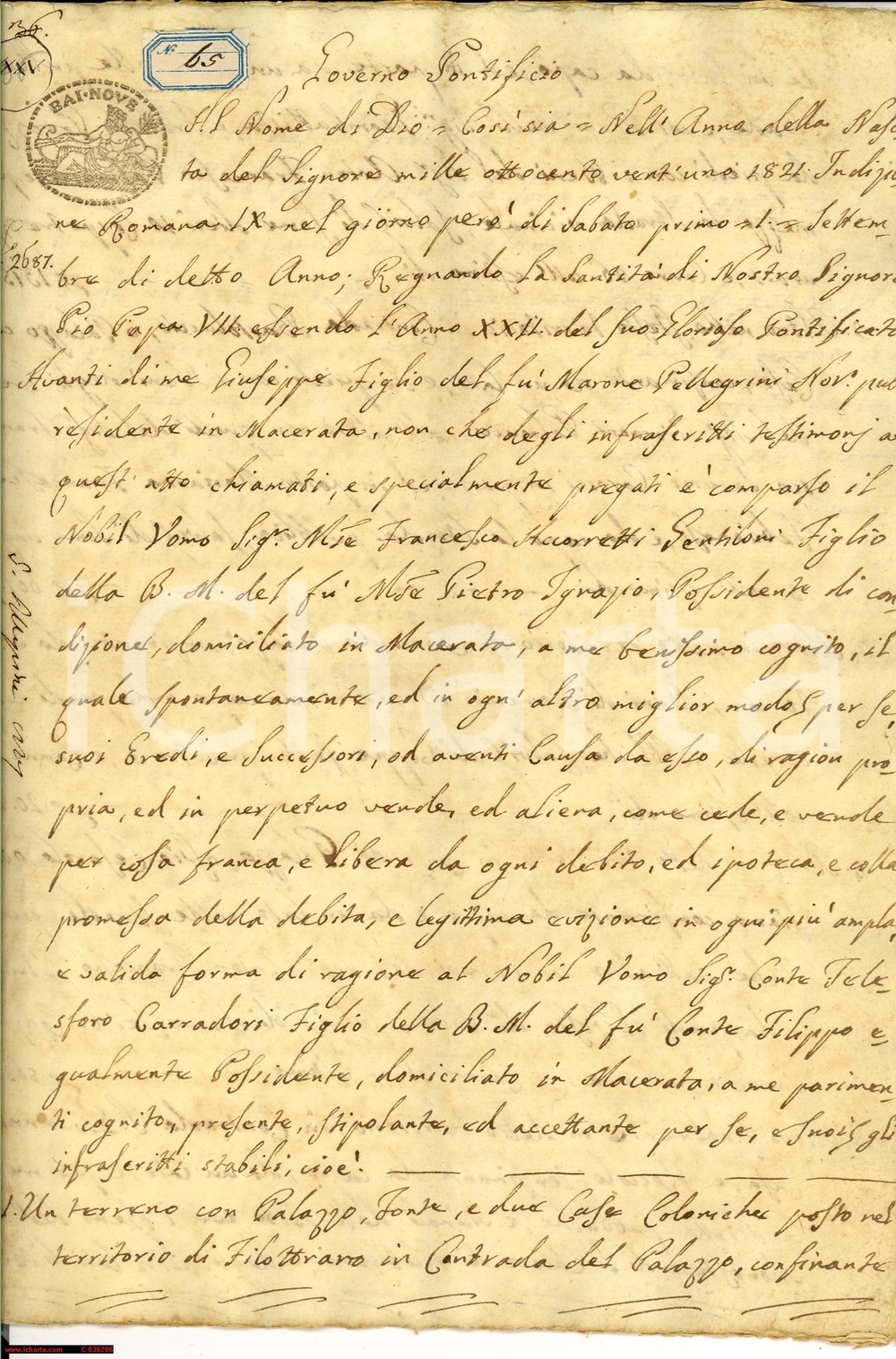 Documento originale, autentico 1821 FILOTTRANO (AN) Francesco ACCORRETTI GENTILONI vende terre di famiglia 1