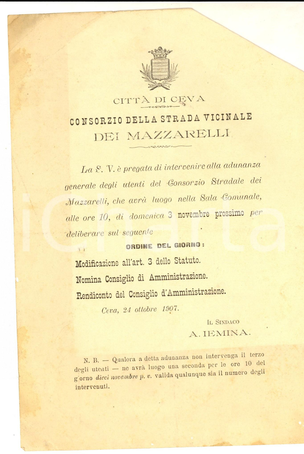 Documento originale, autentico 1907 CEVA (CN) Consorzio strada vicinale MAZZARELLI Adunanza generale utenti 1