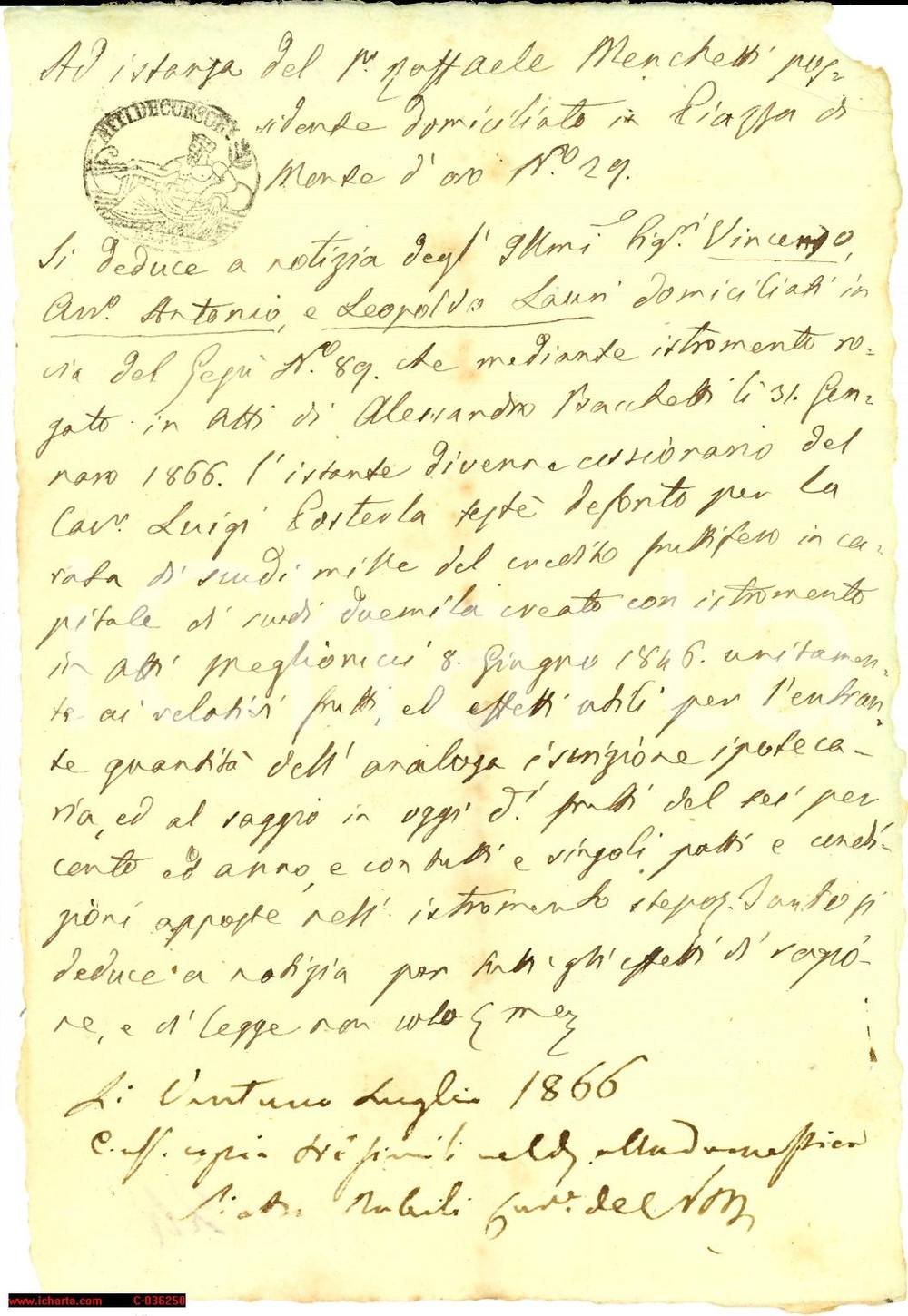 Documento originale, autentico 1866 MACERATA Raffaele MENCHETTI cessionario del defunto cav. Luigi PUSTERLA 1