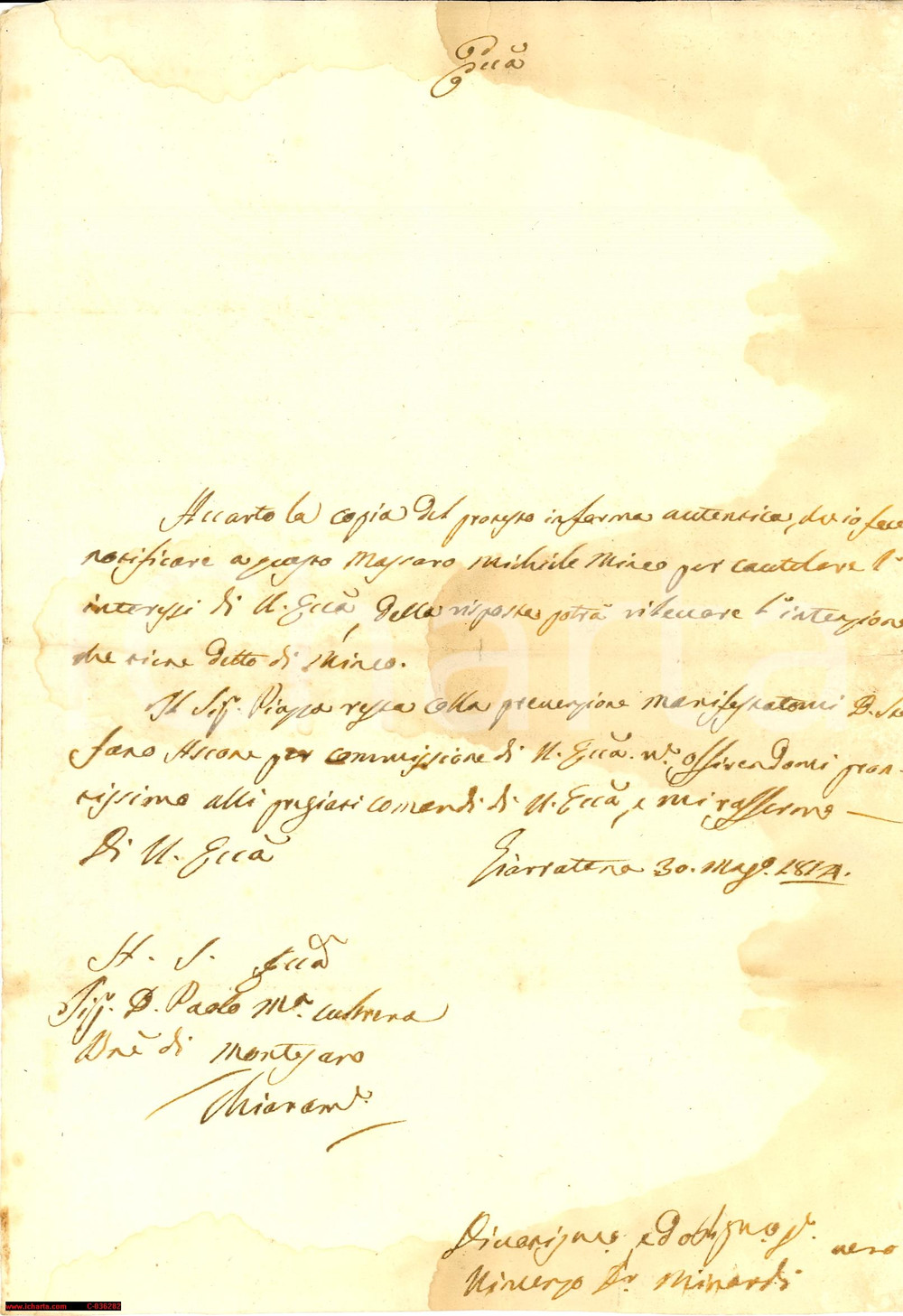 Manoscritto, lettera originale 1814 GIARRATANA (RG) Vincenzo MINARDI su notifica a massaro Michele MINEO 1