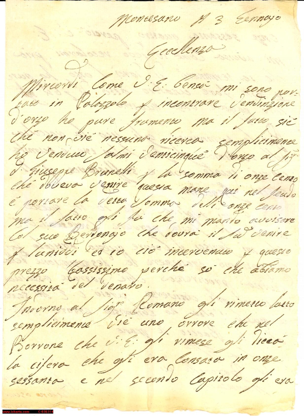 Manoscritto, lettera originale 1820 PALAZZOLO ACREIDE SR Stefano ASCONE vende orzo sottocosto Lettera 1
