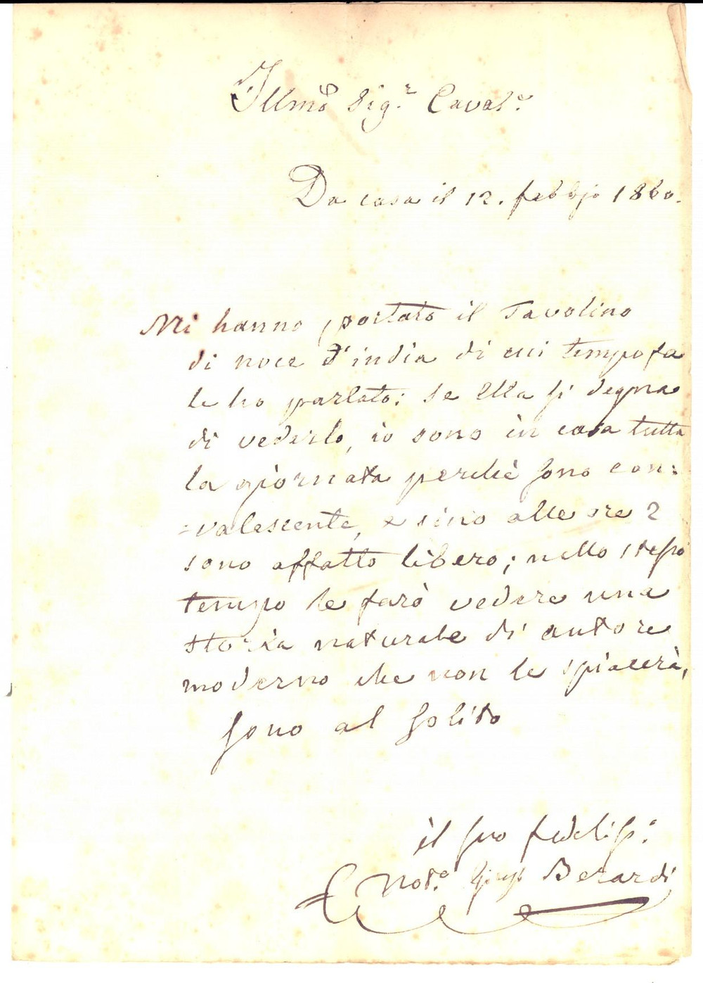 Manoscritto, lettera originale 1860 ROMA Giuseppe BERARDI riceve tavolino in noce d India AUTOGRAFO 1