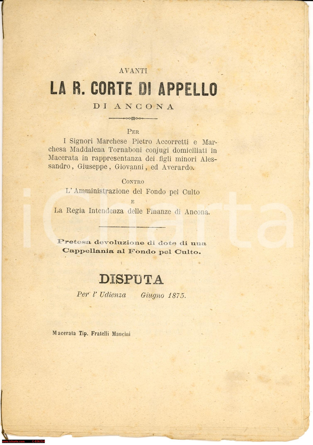 Documento originale, autentico 1875 FILOTTRANO (AN) Disputa cappellania sagrista 1