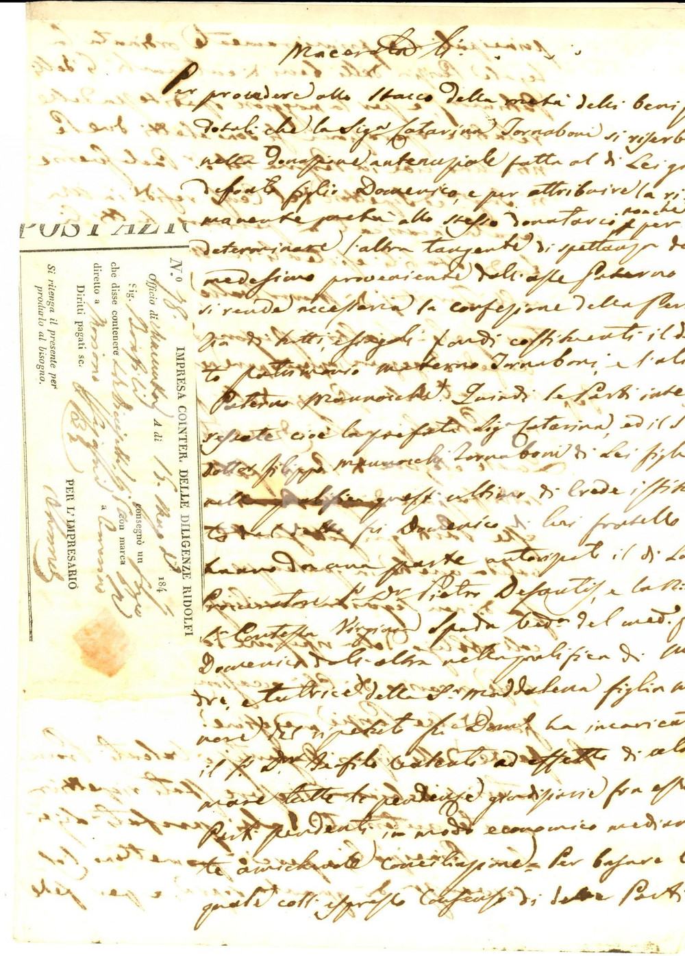 Documento originale, autentico 1847 MACERATA Beni extradotali nobile Caterina TORNABUONI + ricevuta diligenze 1