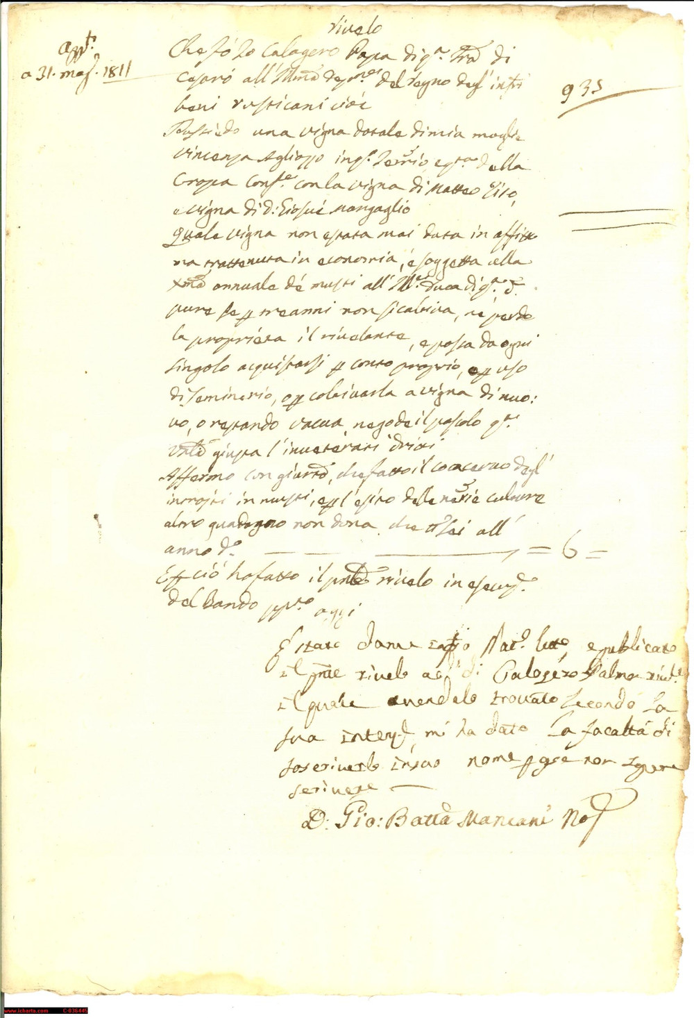 Documento originale, autentico 1811 CESARO' (ME) Vigna dotale di Vincenza AGLIOZZO 1