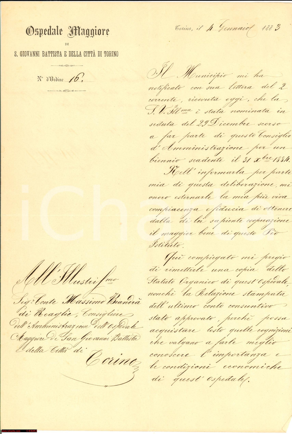 Documento originale, autentico 1883 TORINO Nomina conte BiandrÃ  di Reaglie - ospedale 1