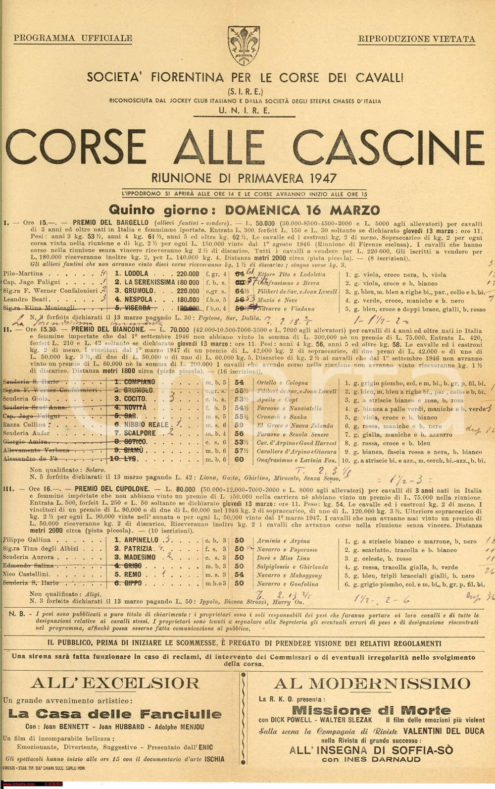 Documento originale, autentico 1947 FIRENZE SocietÃ  Fiorentina Corse Cavalli Programma CORSE ALLE CASCINE 1