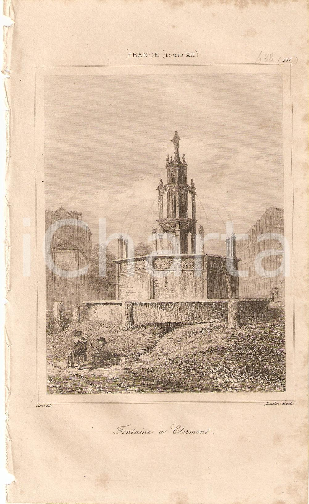 Stampa, bozzetto originale 1840 CLERMONT FERRAND (F) Fontaine d'AMBOISE - L'univers *Stampa inc. LEMAITRE 1