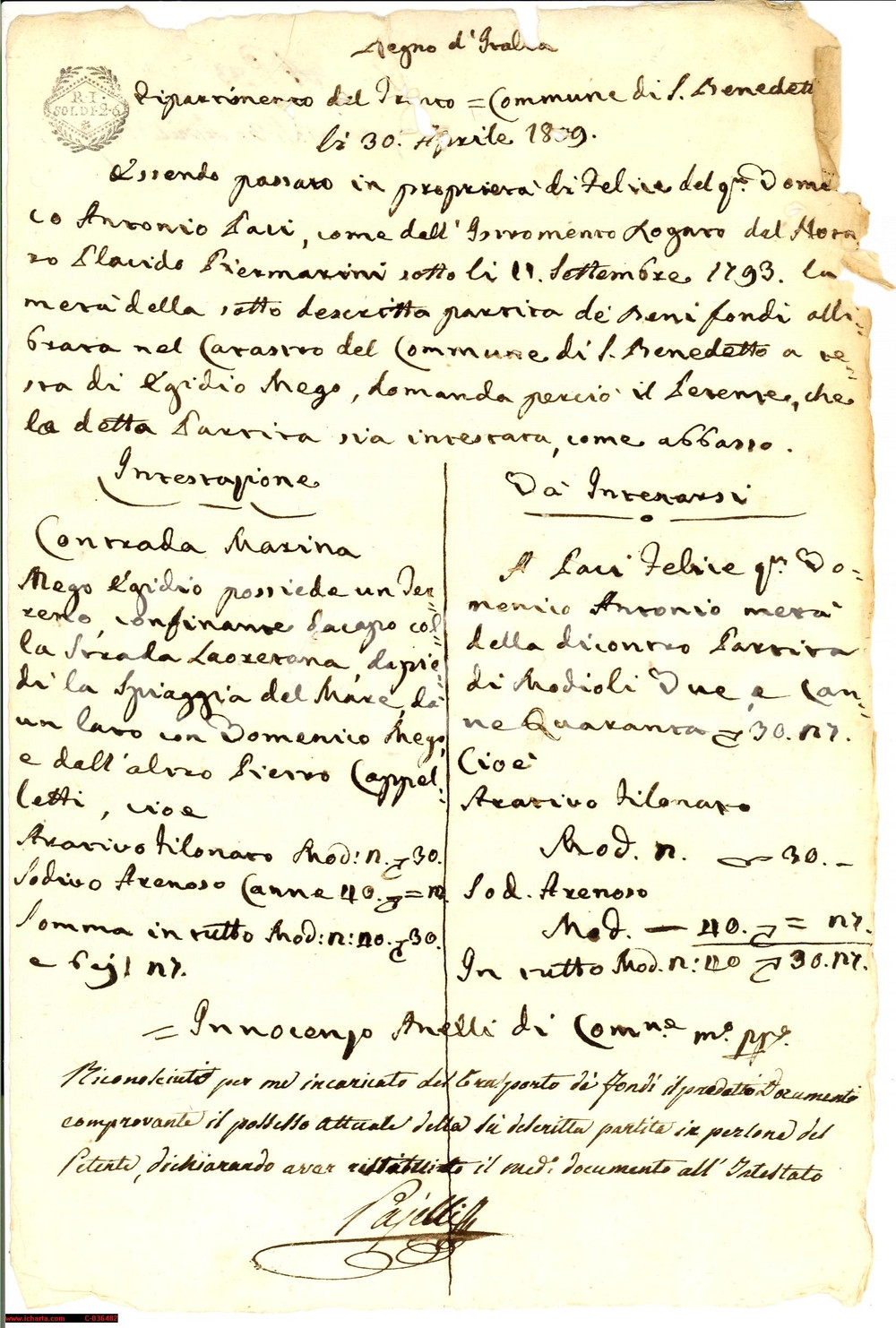 Documento originale, autentico 1809 SAN BENEDETTO DEL TRONTO Contrade Carasino Marina 1