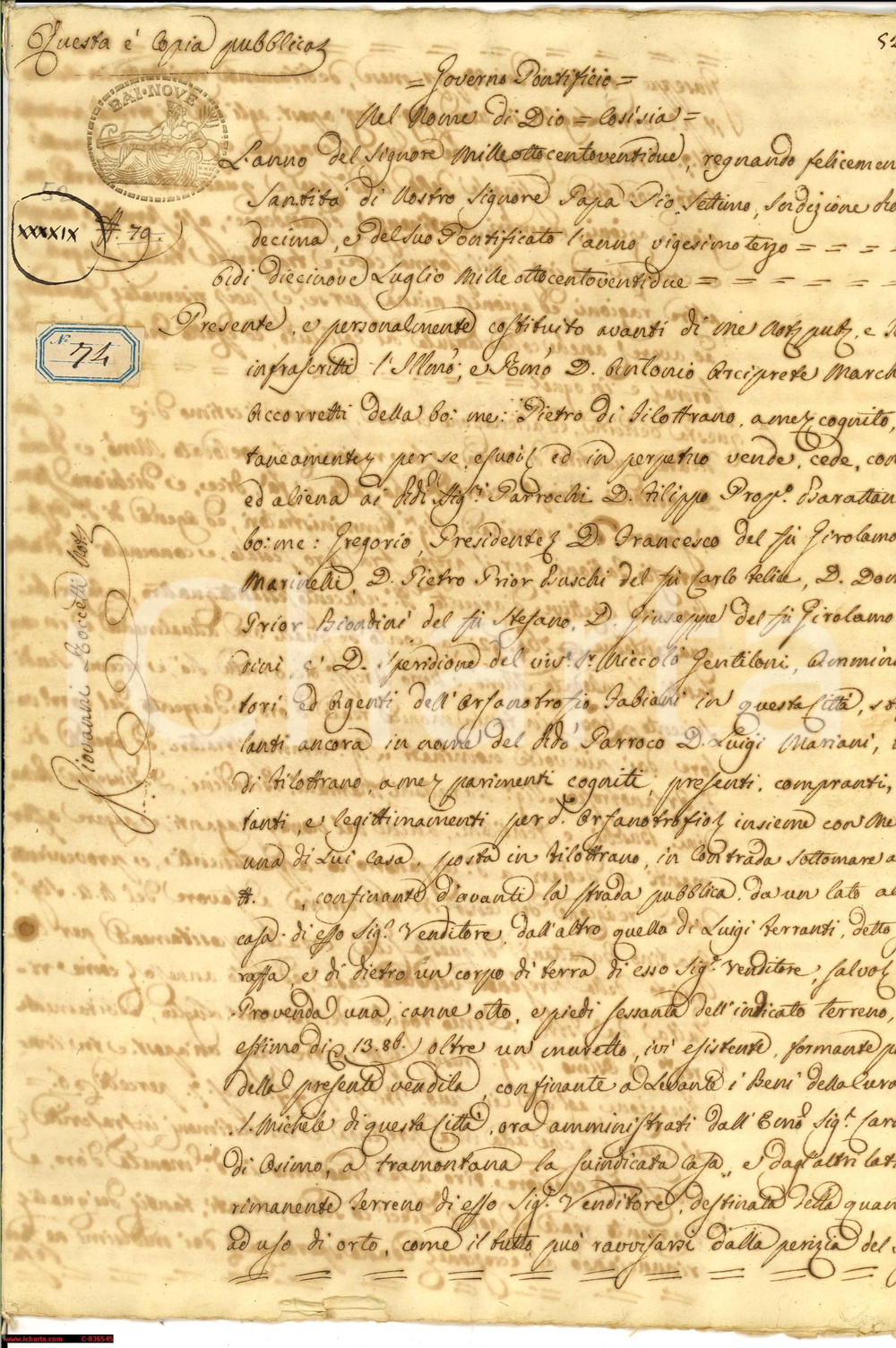 Documento originale, autentico 1822 FILOTTRANO AN Vendita casa a orfanotrofio FABIANI 1