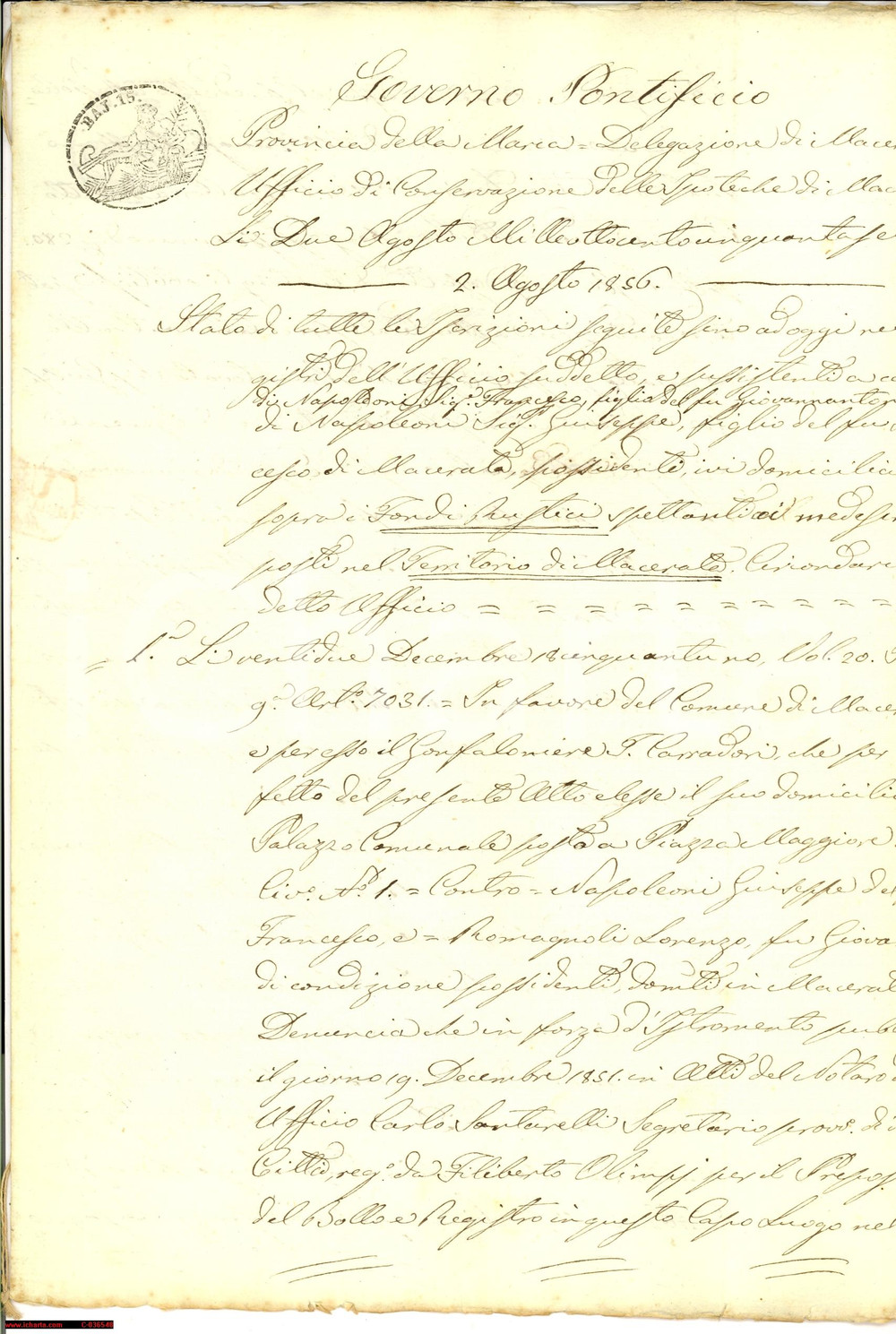Documento originale, autentico 1856 MACERATA Giuseppe NAPOLEONI concessione Esattoria 1
