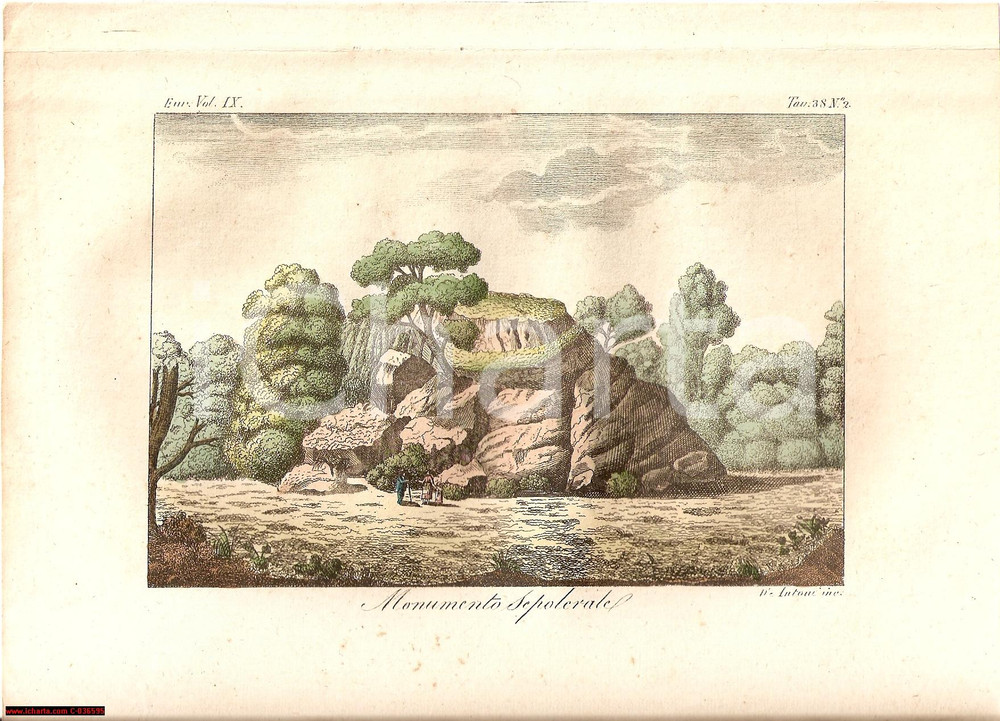 Stampa, bozzetto originale 1823 Stampa Monumento sepolcrale D'ANTONI Incisore 1