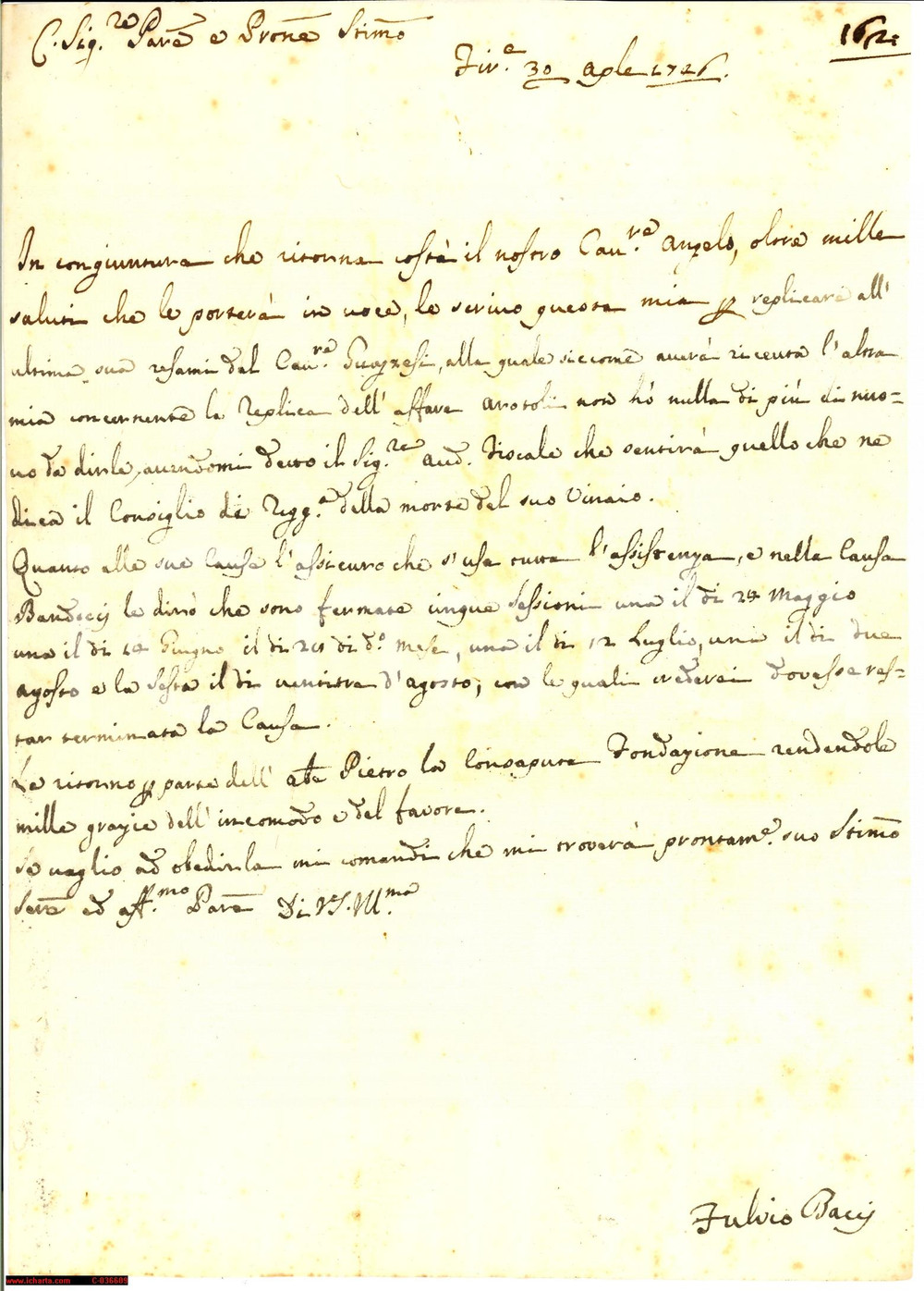 Manoscritto, lettera originale 1746 FIRENZE date per concludere la causa Bandocci 1