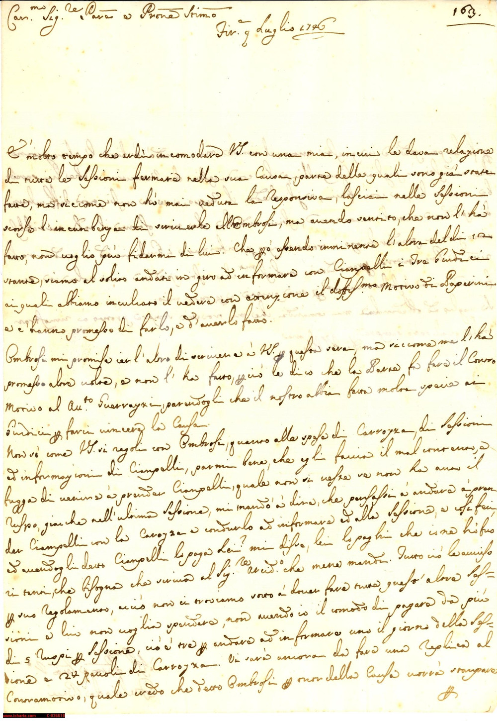 Manoscritto, lettera originale 1746 FIRENZE lite per spese di carrozza di un testimone 1