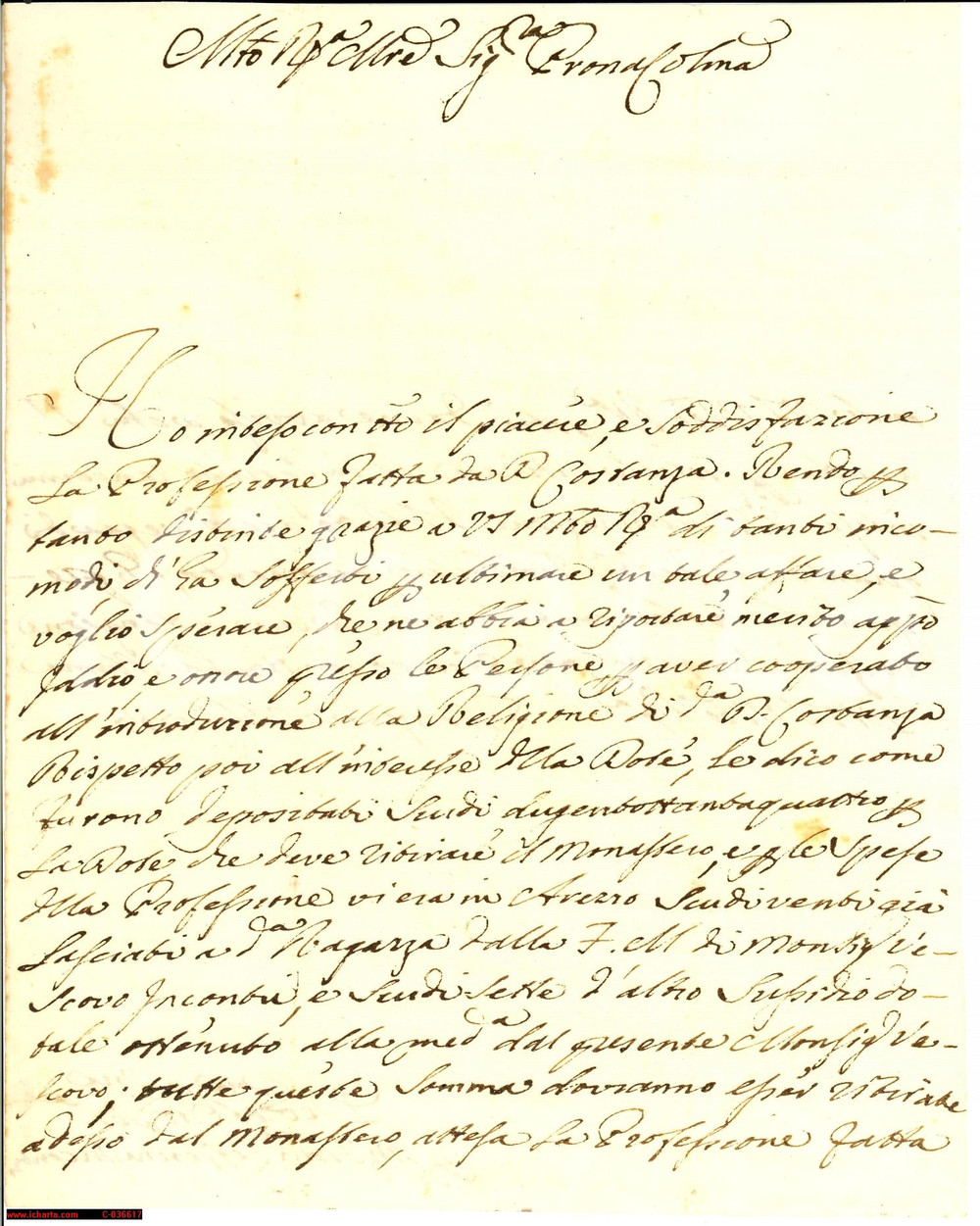 Manoscritto, lettera originale 1767 FIRENZE monacazione fanciulla Costanza ricca dote 1