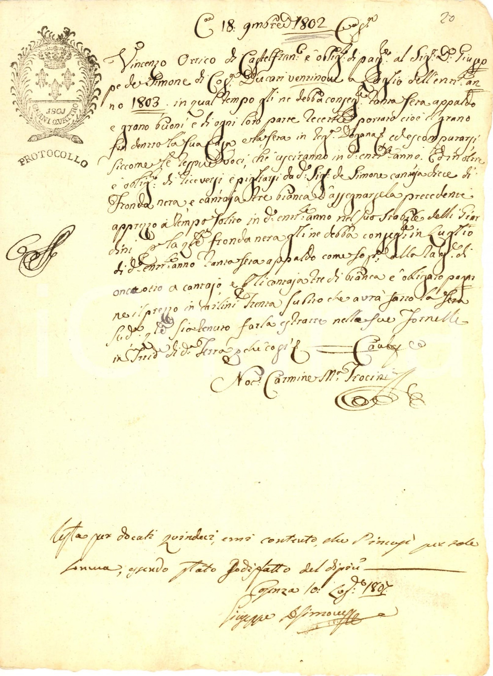 Documento originale, autentico 1802 CASTROLIBERO (CS) vendita seta e grano 1