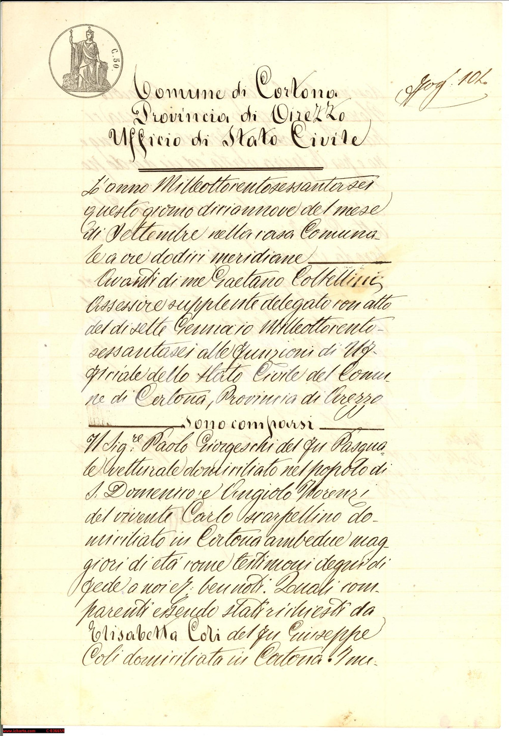 Documento originale, autentico 1866 CORTONA (AR) stato civile libero Elisabetta Coli 1
