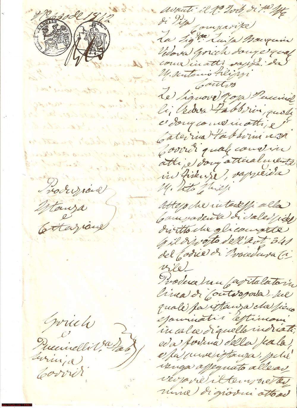 Documento originale, autentico 1844 PISA Testimoni al processo contro Luisa GRICCHI 1
