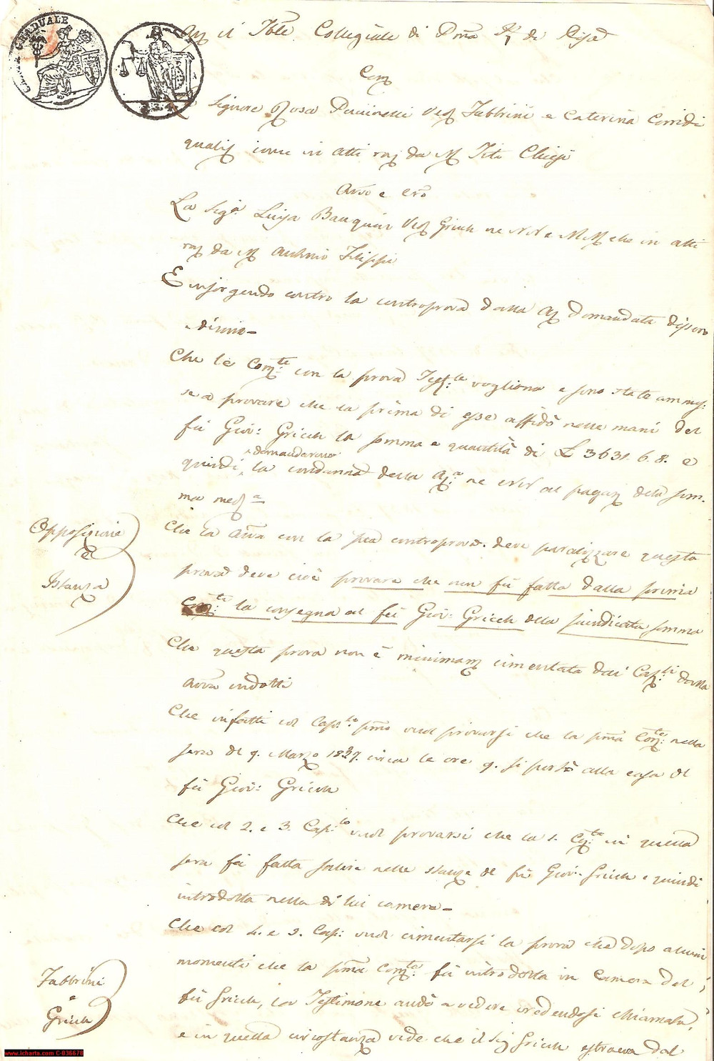 Manoscritto, lettera originale 1844 PISA Rosa FABBRINI cita in tribunale Luisa GRICCHI 1