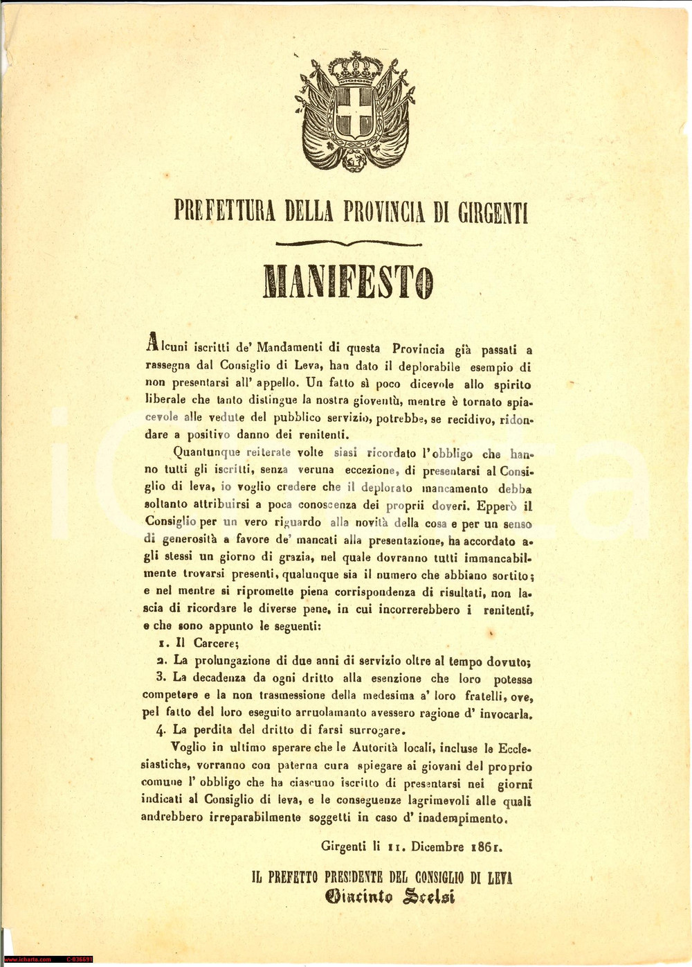 Documento originale, autentico 1861 GIRGENTI (AG) convocazione renitenti alla leva 1