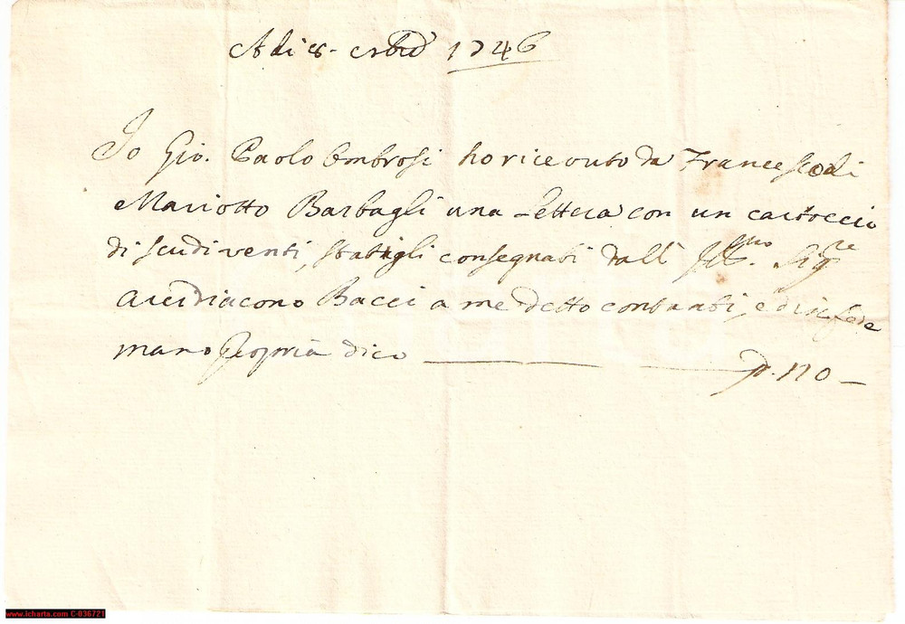 Documento originale, autentico 1746 AREZZO Paolo AMBROSI riceve un cartoccio di scudi 1