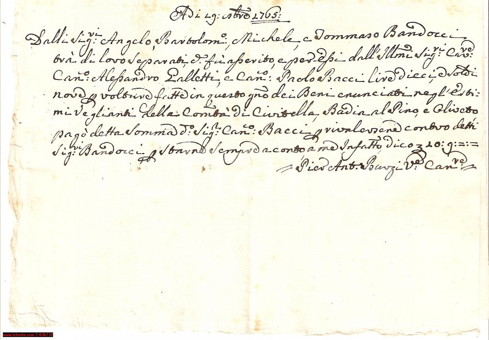 Documento originale, autentico 1765 BADIA AL PINO AR Riscatto beni in Val di CHIANA  Ricevuta 1