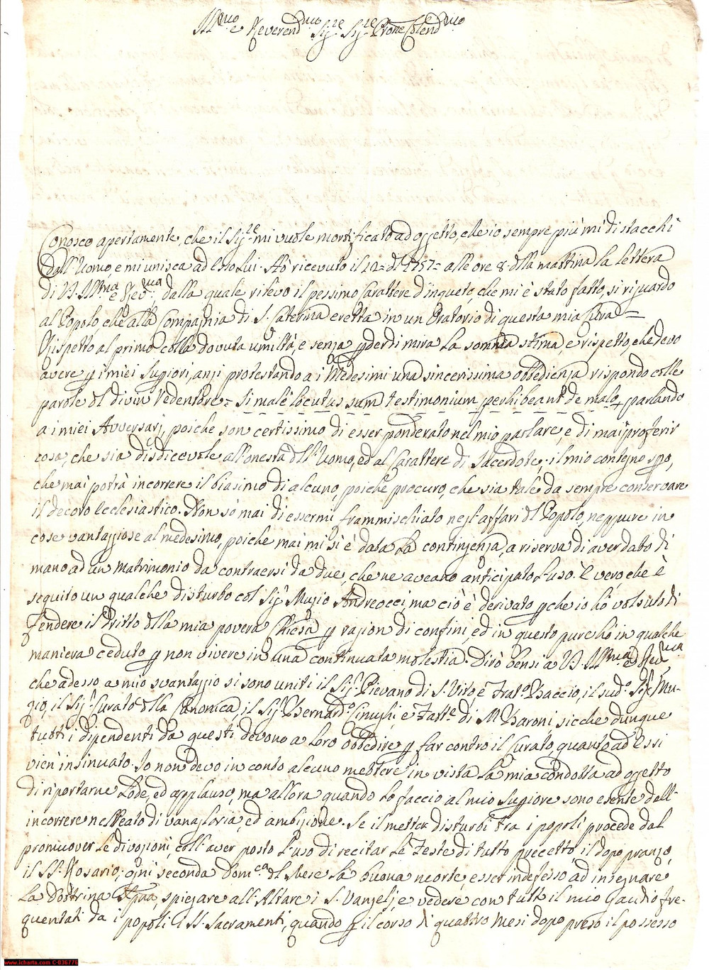 Manoscritto, lettera originale 1757 RAPOLANO TERME (SI) Autodifesa del parroco S. CATERINA RARO 1