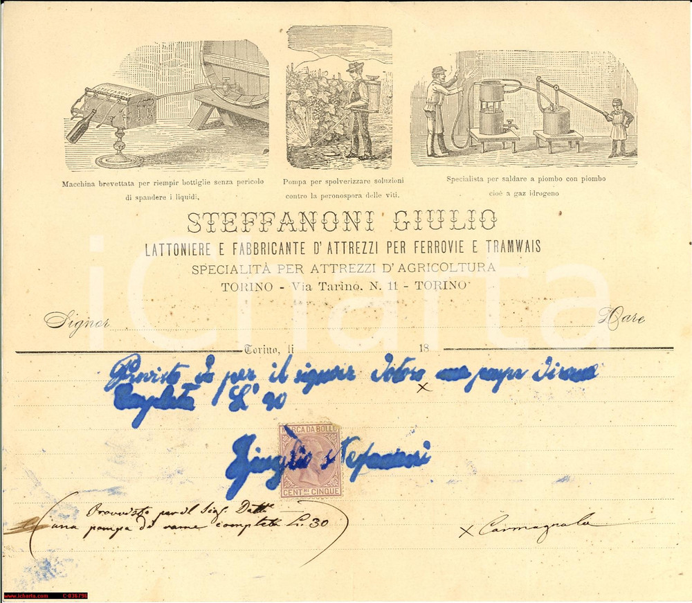 Documento originale, autentico 1890 ca CARMAGNOLA TO Ditta Giulio STEFFANONI  Conto pompa di rame 1