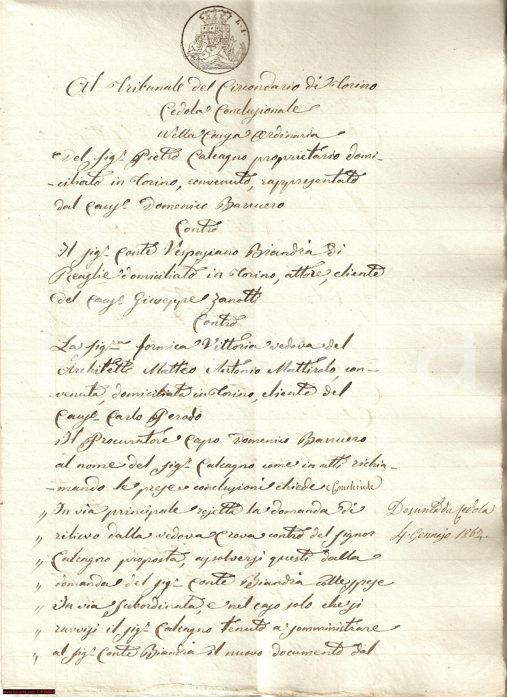Documento originale, autentico 1862 TORINO Pretese di censo conte BIANDRA' DI REAGLIE 1