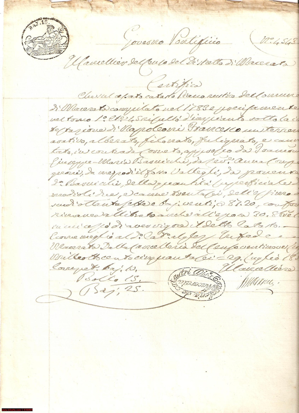 Documento originale, autentico 1856 CORNETO (MC) Fondo NAPOLEONI al fosso VALTEGLIA 1