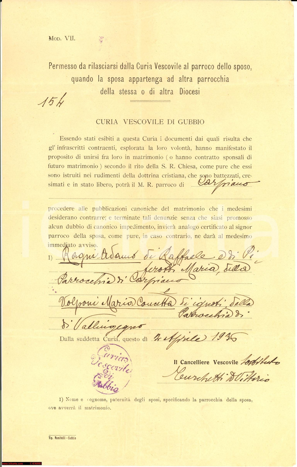 Documento originale, autentico 1936 CARPIANO PU Concetta VOLPONI sposa di VALLINGEGNO 1