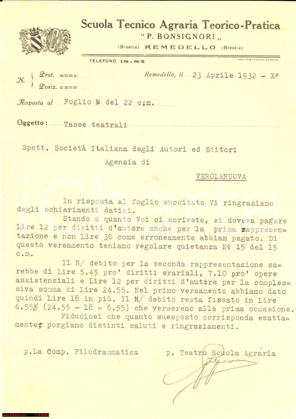 Documento originale, autentico 1932 REMEDELLO (BS) Scuola Bonsignori tasse teatr. 1