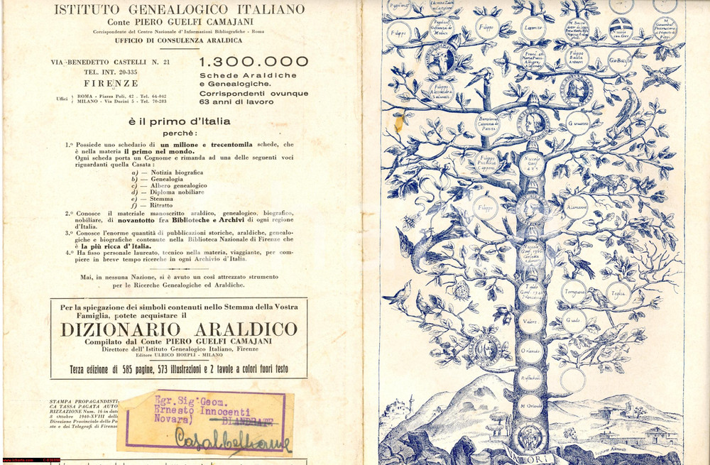 Materiale pubblicitario d’epoca 1940 FIRENZE Pieghevole ISTITUTO GENEALOGICO ITALIANO *Pubblicitario ILLUSTRATO 1