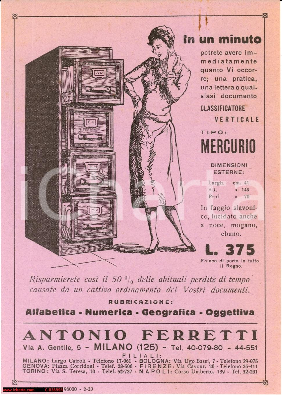 Materiale pubblicitario d’epoca 1933 MILANO Via Gentile 5 ANTONIO FERRETTI classificatori per uffici Volantino 1