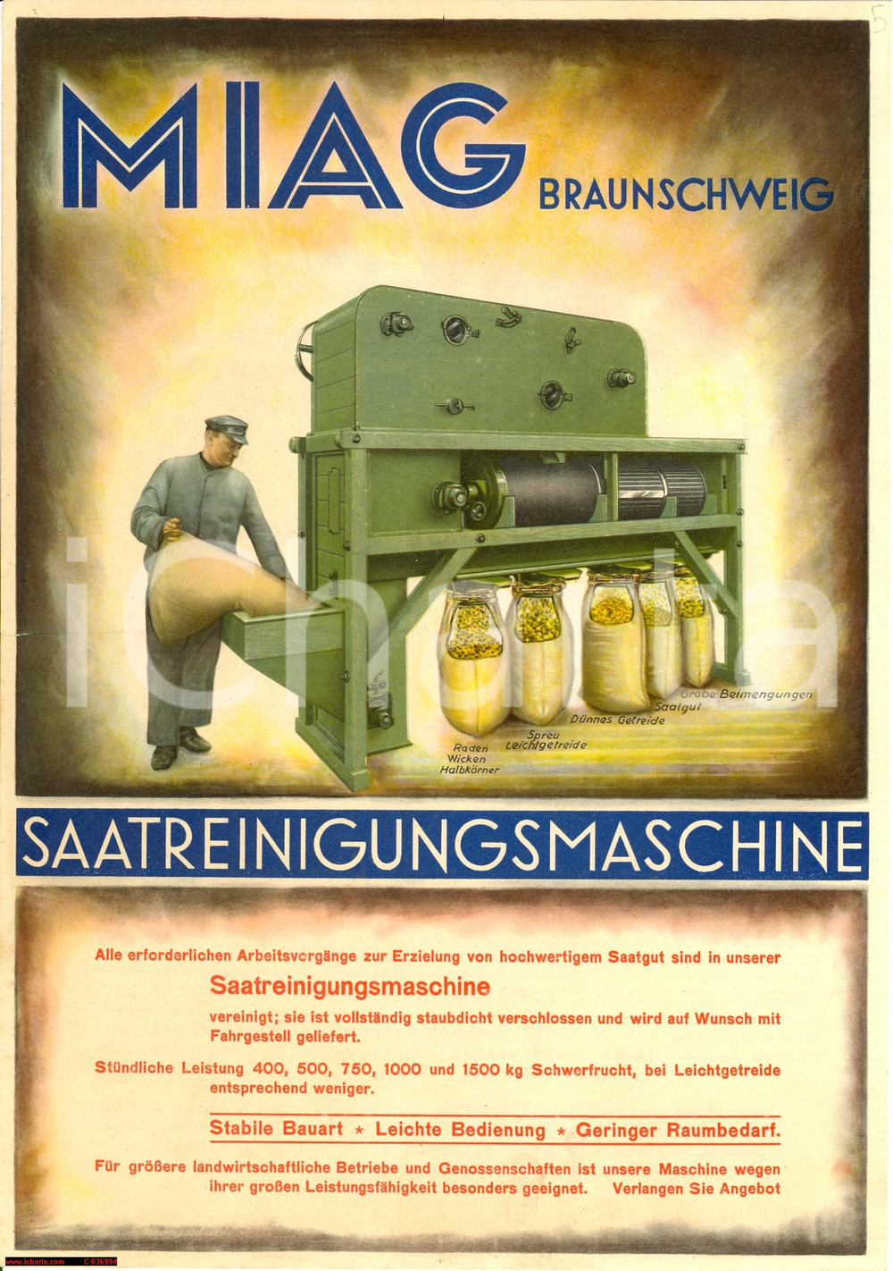 Materiale pubblicitario d’epoca 1950 MIAG BRAUNSCHWEIG SAATREINIGUNGSMASCHINE Locandina 1
