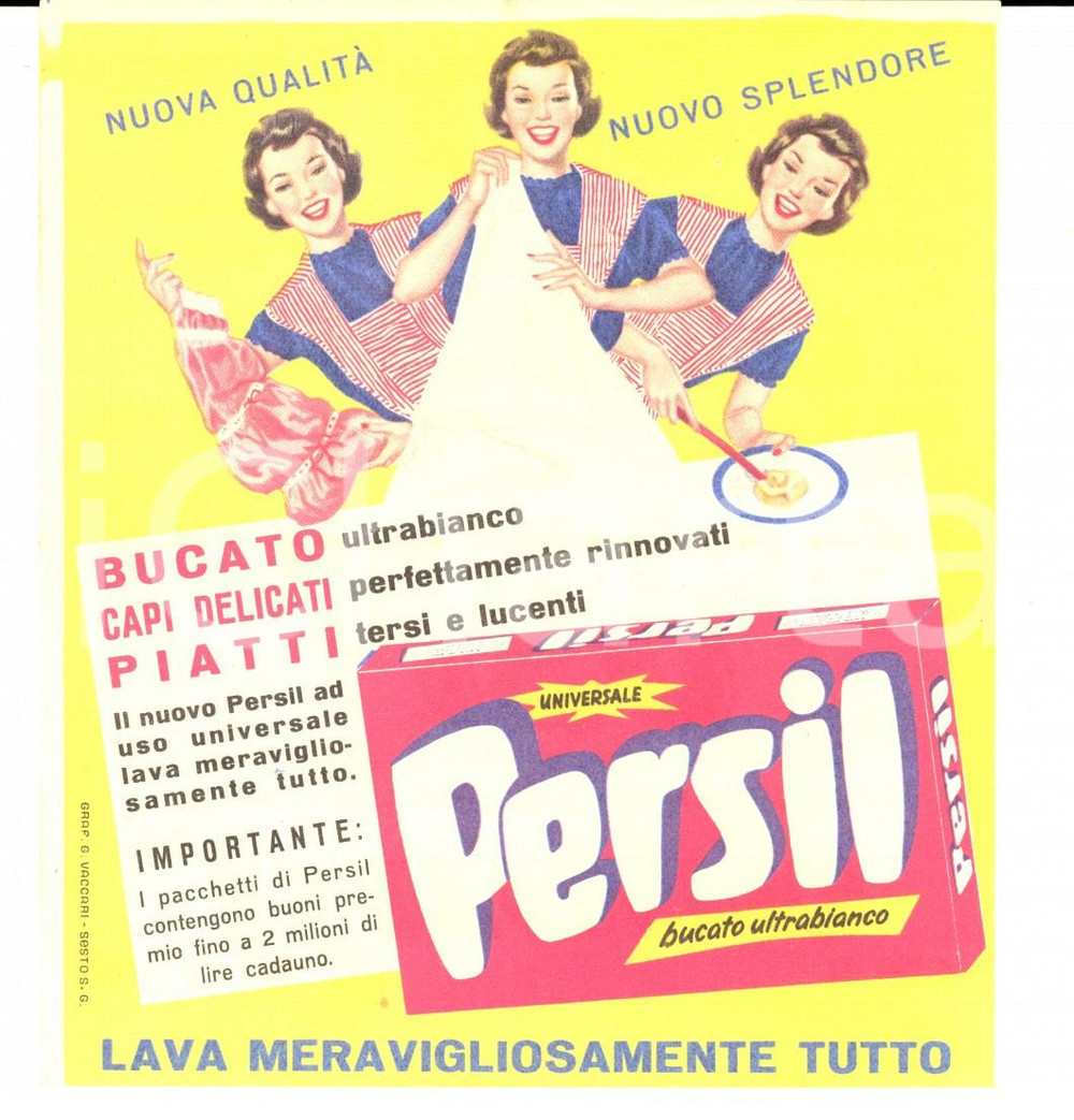 Materiale pubblicitario d’epoca 1955 ca Detersivo PERSIL PubblicitÃ  ILLUSTRATA con due buoni sconto *VINTAGE 1