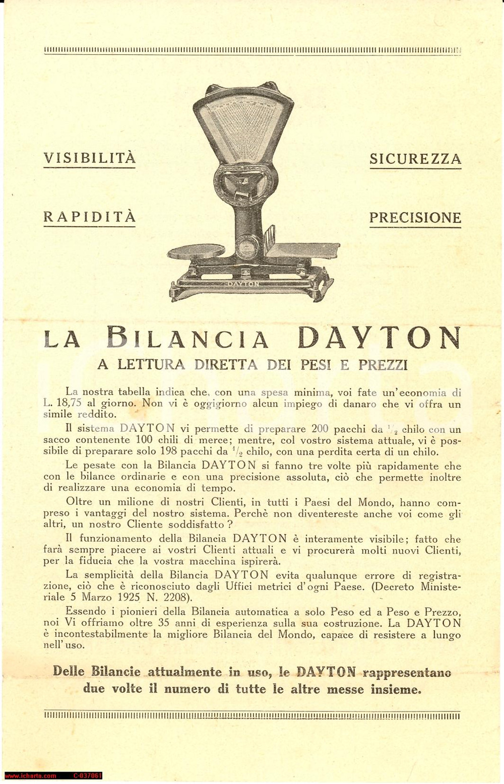Materiale pubblicitario d’epoca 1930 ca MILANO Bilancia automatica DAYTON *Volantino pubblicitario VINTAGE 1
