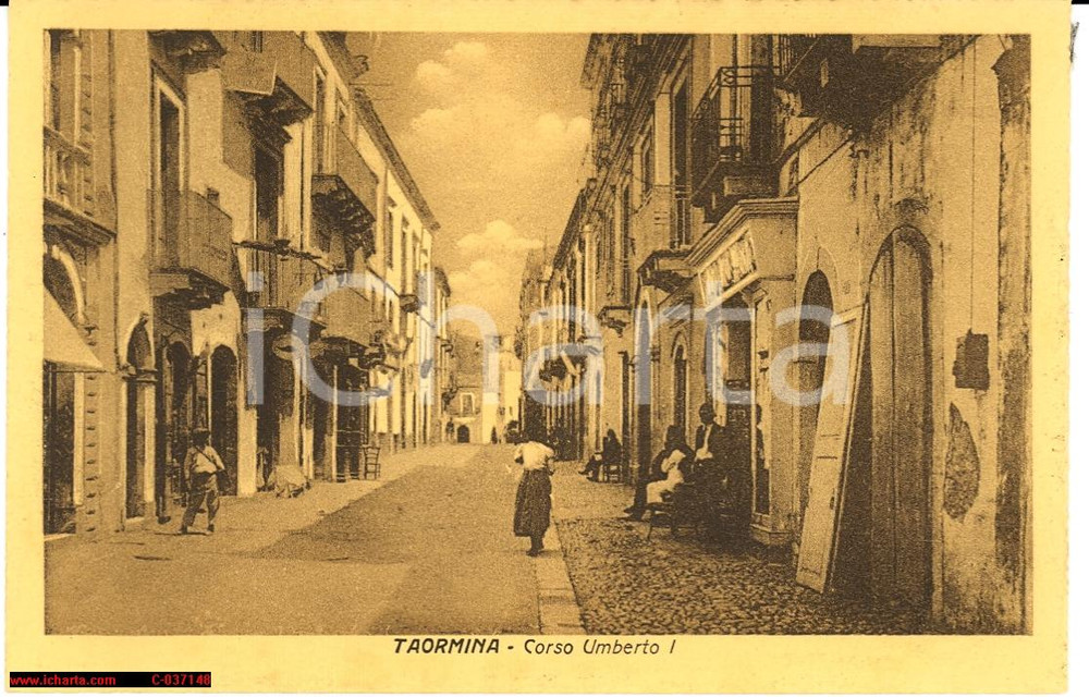 Cartolina originale da collezione Taormina anni '20, C.so Umberto I *d'epoca Animata 1