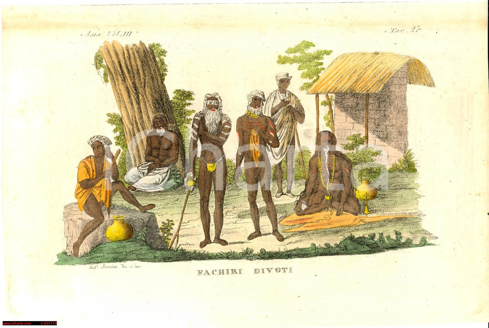 Stampa, bozzetto originale 1823 COSTUMI INDIA Fachiri divoti Inc. BERNIERI Colorata a mano *STAMPA 1