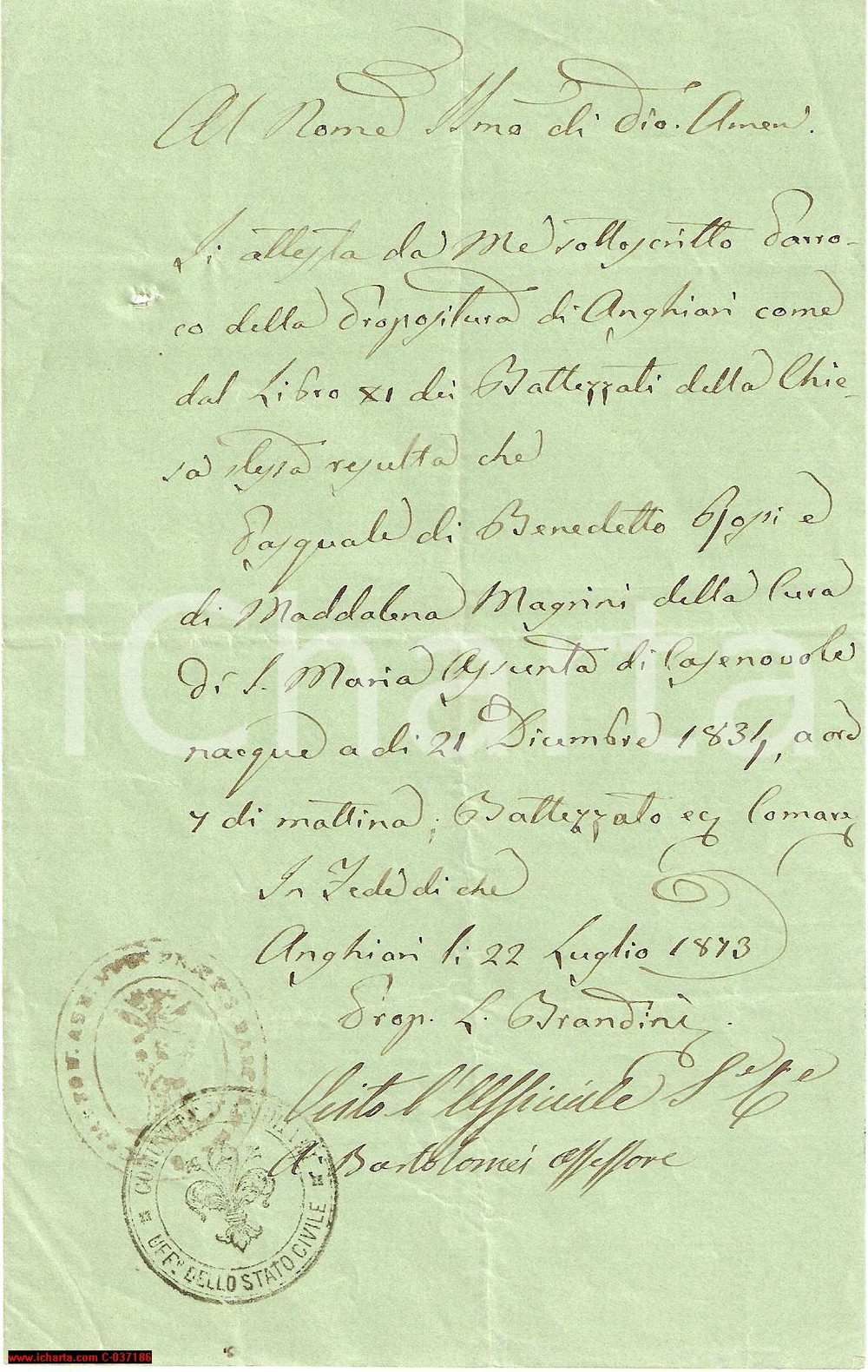 Documento originale, autentico 1873 ANGHIARI Certificato di nascita di PASQUALE ROSSI 1
