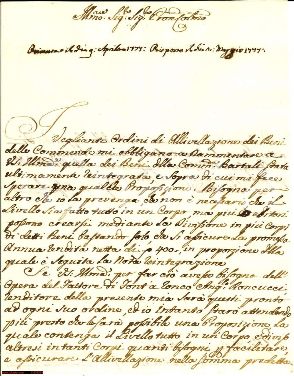 Manoscritto, lettera originale 1777 MONTE S. SAVINO (AR) Livelli beni Commenda BARTOLI 1