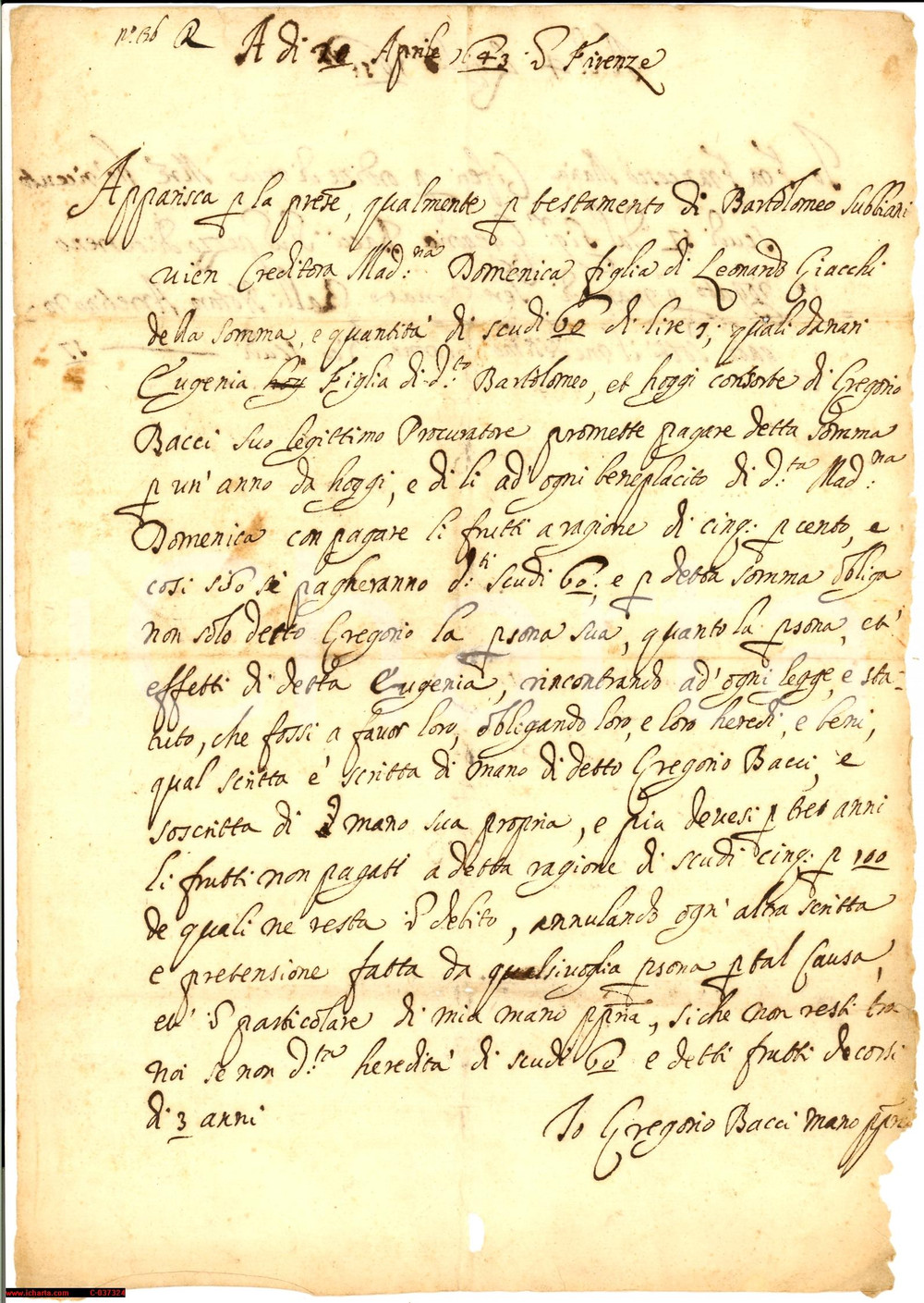 Manoscritto, lettera originale 1643 FIRENZE Domenica GIACCHI credito Eugenia SUBBIANI 1