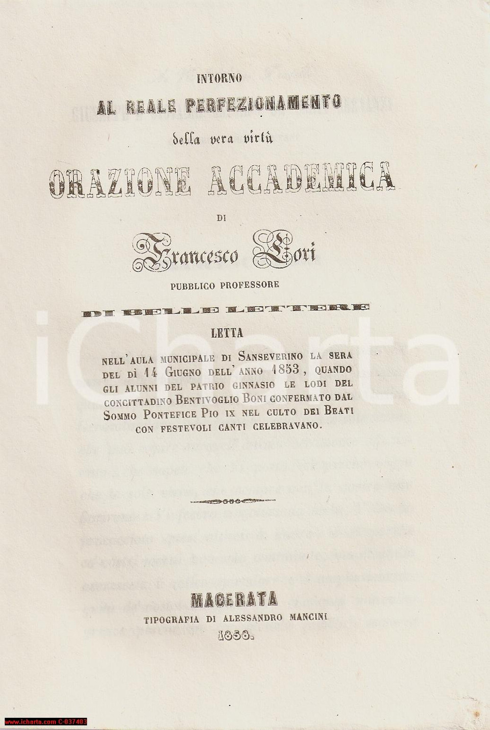 Oggetto da collezione cartaceo 1858 SAN SEVERINO MARCHE Francesco LORI Intorno al perfezionamento della virtù 1