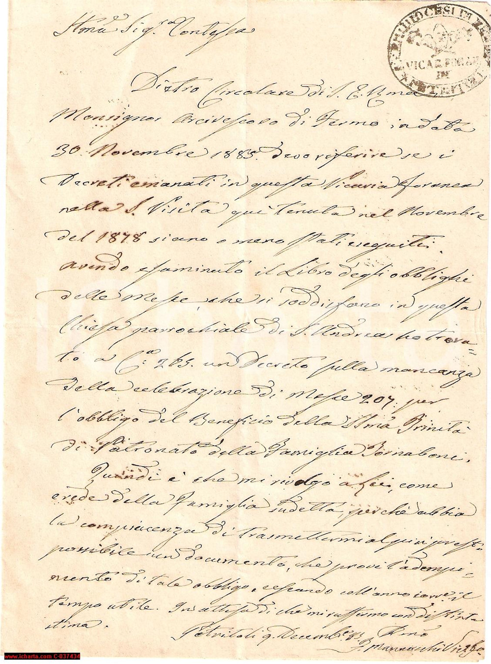 Manoscritto, lettera originale 1883 PETRITOLI (FM) Filippo MANNOCCHI su Messe pro beneficio SS.MA TRINITA' 1